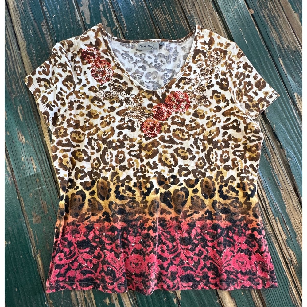 Y2K
Coral Bay Petite Leopard Floral Rhinestone V-Neck Short Sleeve Top PXL